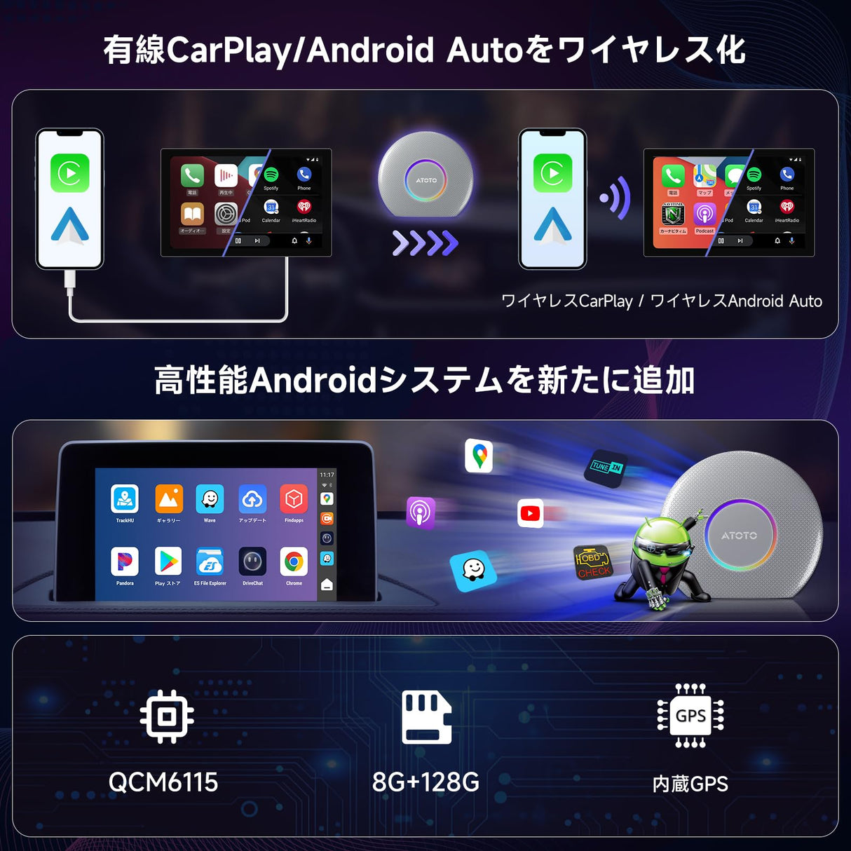 ATOTO CB6ワイヤレスワイヤレス:無制限CarPlayをワイヤレスCarPlayおよびワイヤレスAndroid Autoに変換、AIボイスドングル、GPSトラッキング、8GB+128GB対応、互換アプリ、銀