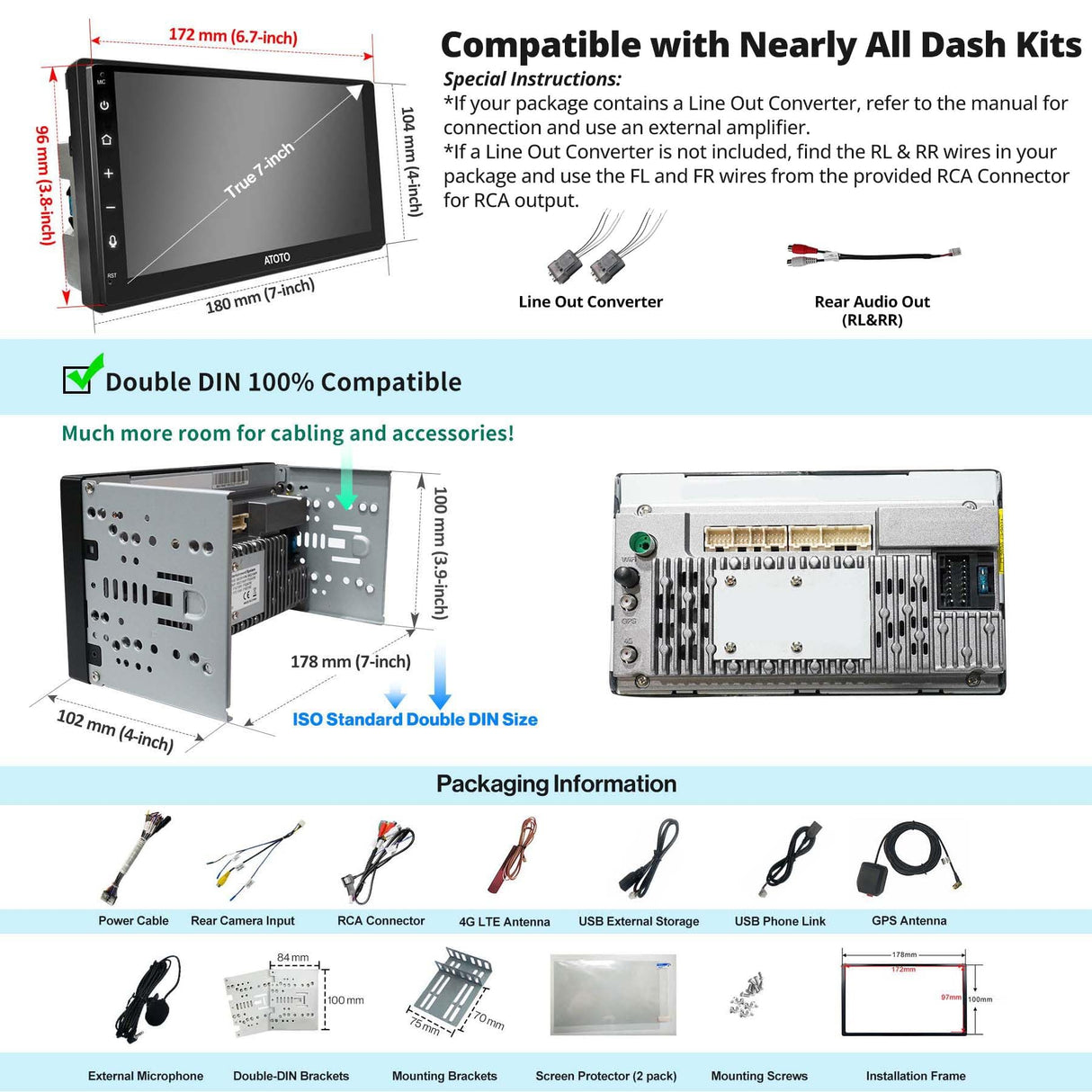 ATOTO S8G2B74MS 7" Double Din Car Stereo, QLED Touchscreen, 4G+32G, Wireless Android Auto and CarPlay, Dual Bluetooth, GPS Tracking, Plug and Play, LRV, SCVC