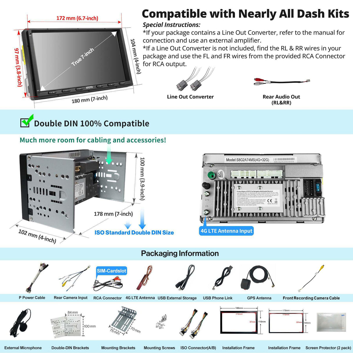 ATOTO S8G2A74MS 7" Double Din Head Unit with Wireless CarPlay & Android Auto, GPS Tracking, Built-in 4G LTE, Dual Bluetooth, LRV, SCVC, 4G+32G, Split-Screen Display