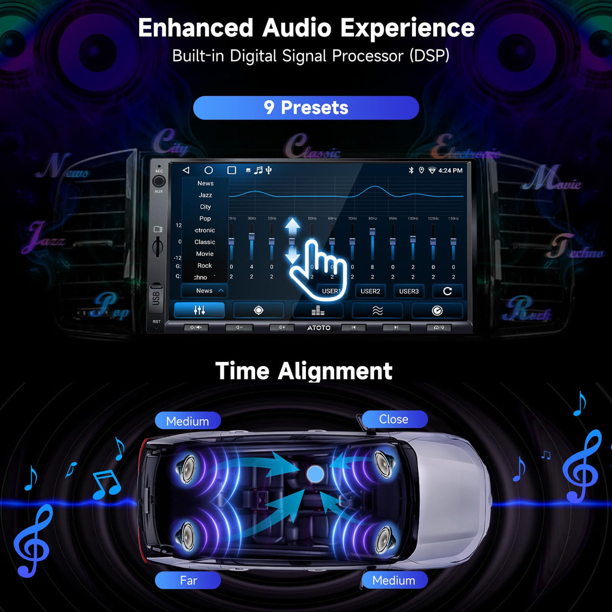 ATOTO A5LG2A7T 7" 2 DIN Autoradio mit Rückfahrkamera, Android, Touchscreen Digital Media Receiver, Wireless CarPlay und Android Auto, WiFi/Bluetooth/USB Tethering, MirrorLink, 24-Band EQ DSP