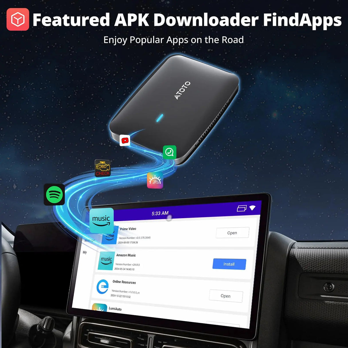 ATOTO CarWave CB4 AI Box CarPlay/Android Auto Wireless Adapter,OBD2 Diagnostic, 4-in-1 Video Box w/YouTube, Dual Bluetooth & WiFi, 2GB+16GB (Up to 128GB), Plug & Play for OEM Wired CarPlay & Android Auto Stereo