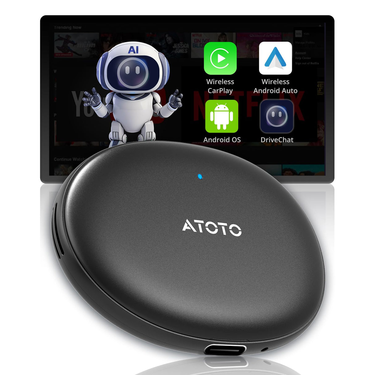 ATOTO AD5 Wireless CarPlay/Wireless Android Auto AI Box, Plug & Play, Smart AI Dongle Power by ChatGPT, Wireless CarPlay Adapter with Dual WiFi, Support 256 GB TF Card