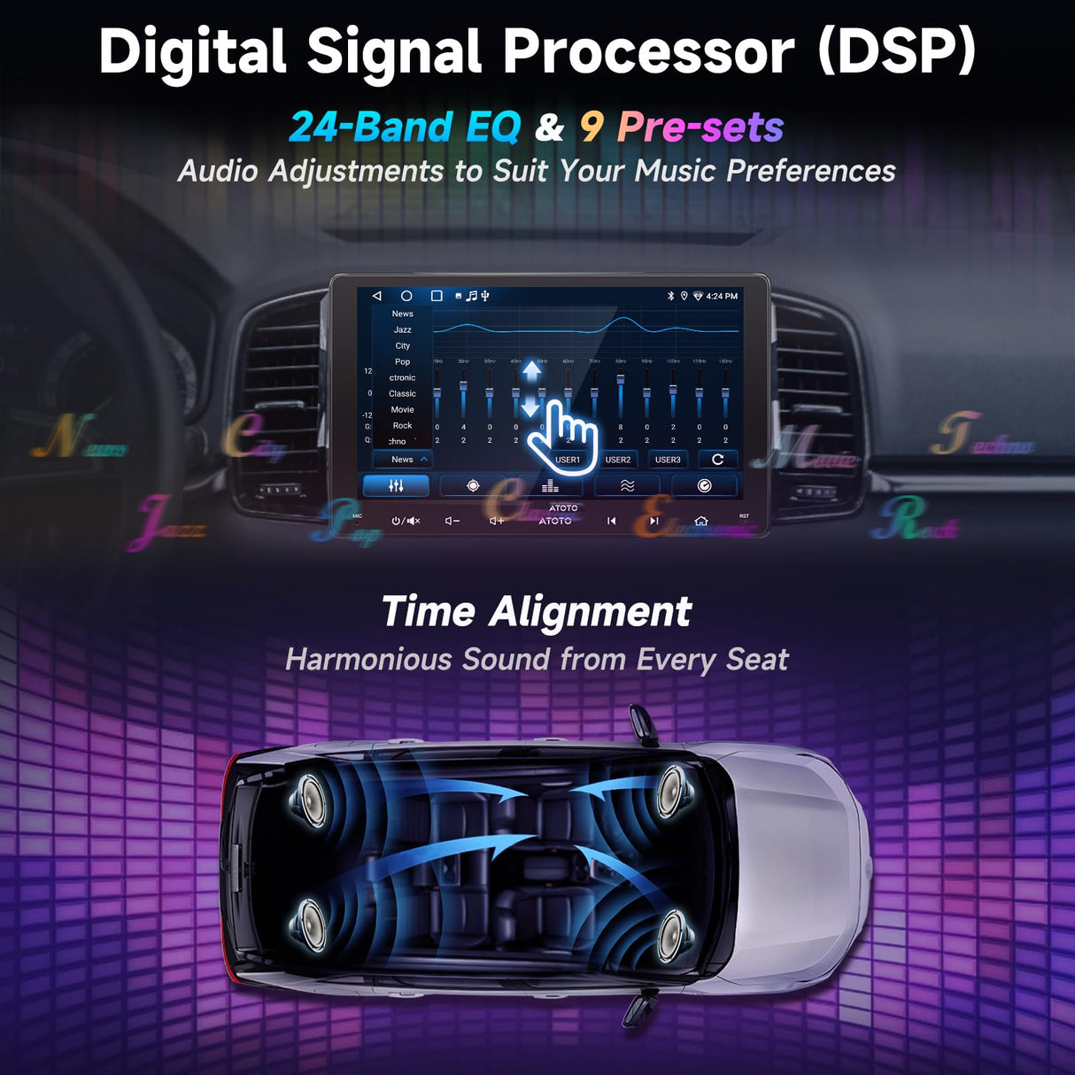 ATOTOZONE Autoradio 2 Din Android 9 pollici Stereo Auto Bluetooth con Schermo, Wireless CarPlay&Android Auto, GPS Navi, Wi-Fi/BT/USB, FM/AM/RDS, 24 EQ&DSP, MirrorLink, HD LRV, A5LG209T