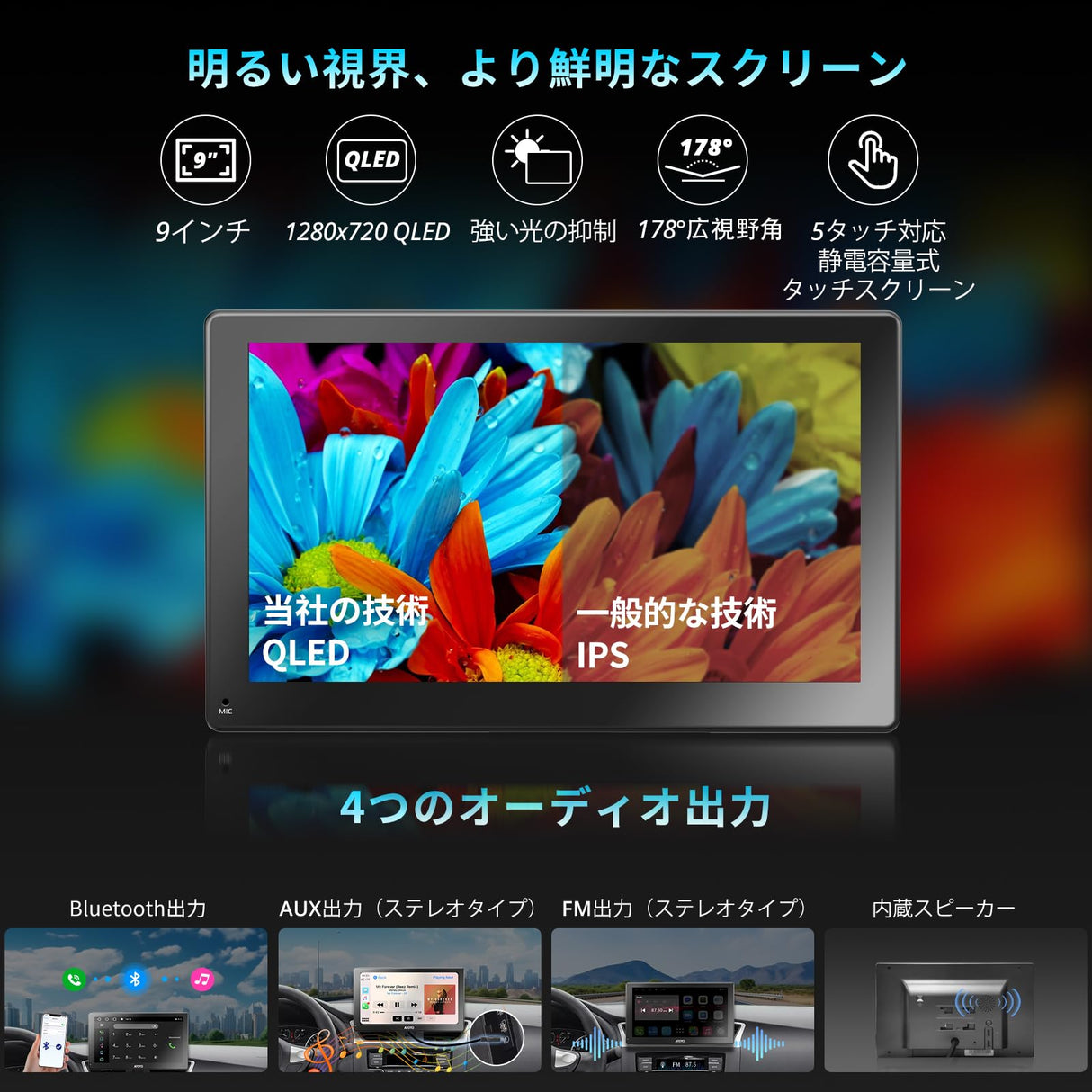 ATOTO P9 9インチポータブルナビ リアカメラ付き、4G LTE対応、ワイヤレスAndroid Auto/CarPlay、4G+32G、1280×720 QLEDディスプレイ、Bluetooth、GPS、HDMI、4音声出力