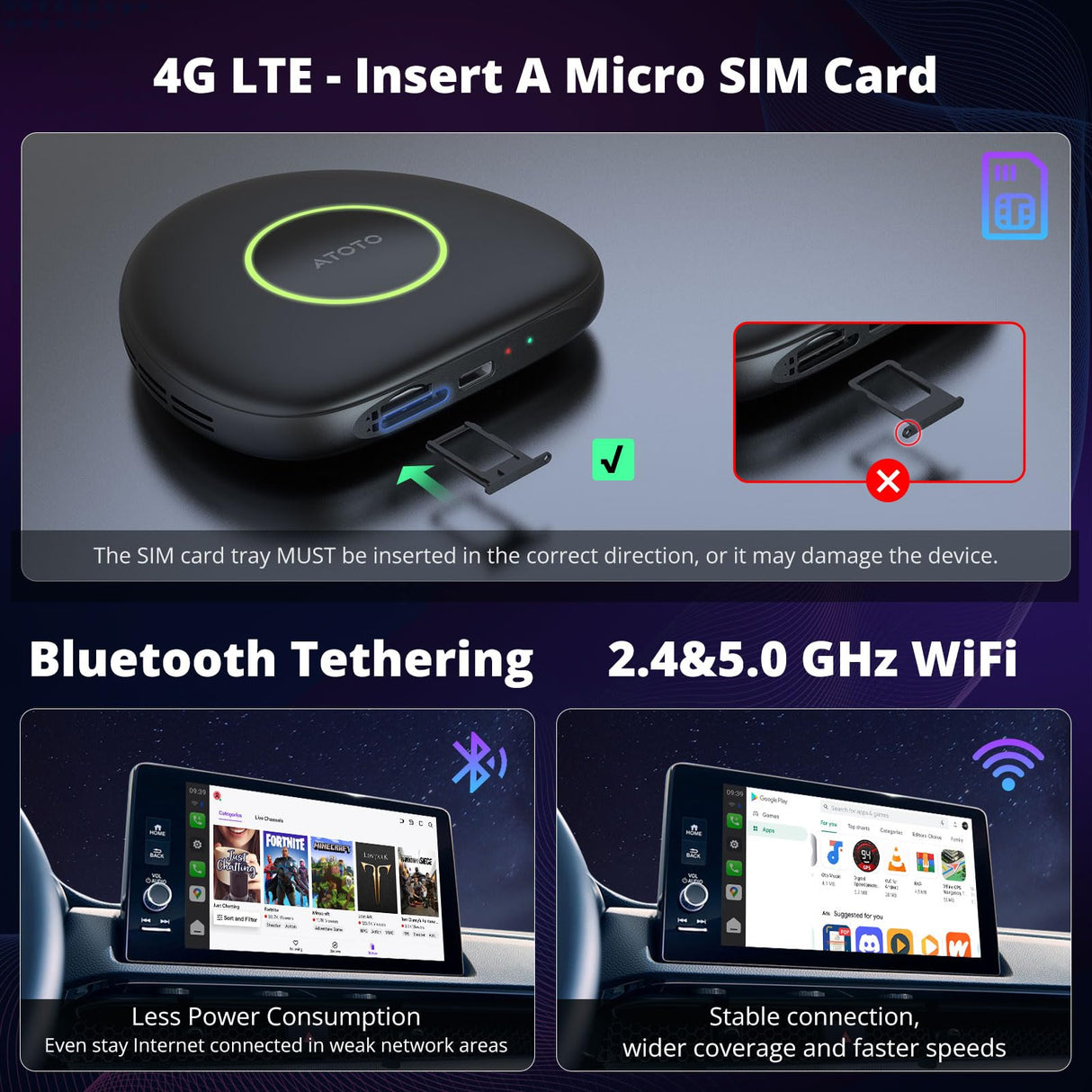 ATOTO CB6C ワイヤレスコントローラー、2025年Android 13アップグレード、CarPlay AIボックス、Android Autoアダプター、GPSトラッキング、AI DriveChat、4G LTE、2 BT、4G+64G、プラグ&プレイ、ディープブラック