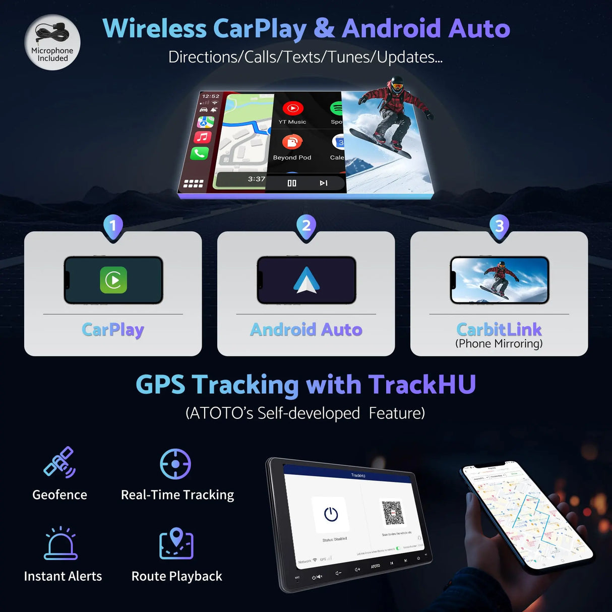 ATOTO S8G2094MS 9" Double Din Car Stereo, 8-Core, 1280x720 QLED Touchscreen, Wireless CarPlay and Android Auto, 4+32G, Dual Bluetooth, WiFi/BT/USB Tethering, Plug and Play, GPS Tracking, SCVC