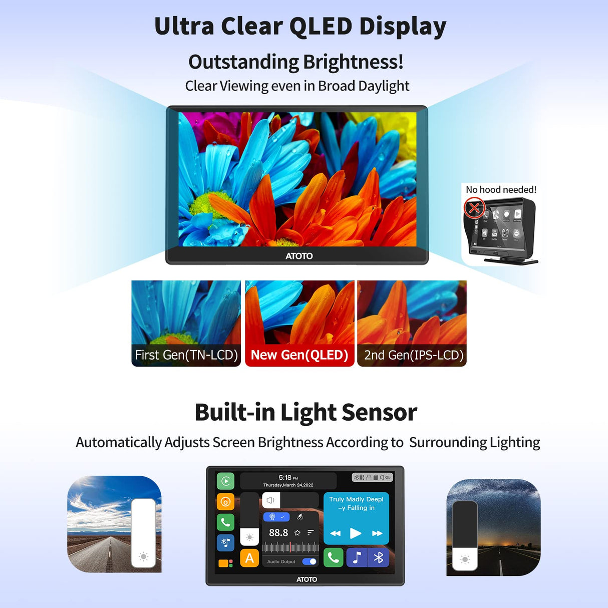 ATOTO Portable Wireless Carplay Android Auto Screen, 7 Inch QLED Glare-Suppressing Car Play Screen with WDR & Auto Dimmer, Steering Wheel Control, GPS BT AUX, P807SD-RM