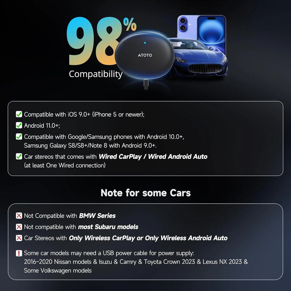 ATOTO AD5 Adaptateur CarPlay/Android Auto Sans Fil - ChatGPT IA, WiFi Double Bande, 256 Go TF, Streaming HD