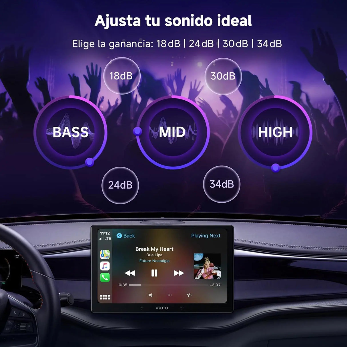 ATOTO CA-AEC122DL Amplificador de Auto Compacto 4x60W RMS, 4 Canales, Clase D TI TPA3221, EQ Personalizable, Cable de Alimentación 2m, Compatible con Estéreos ATOTO