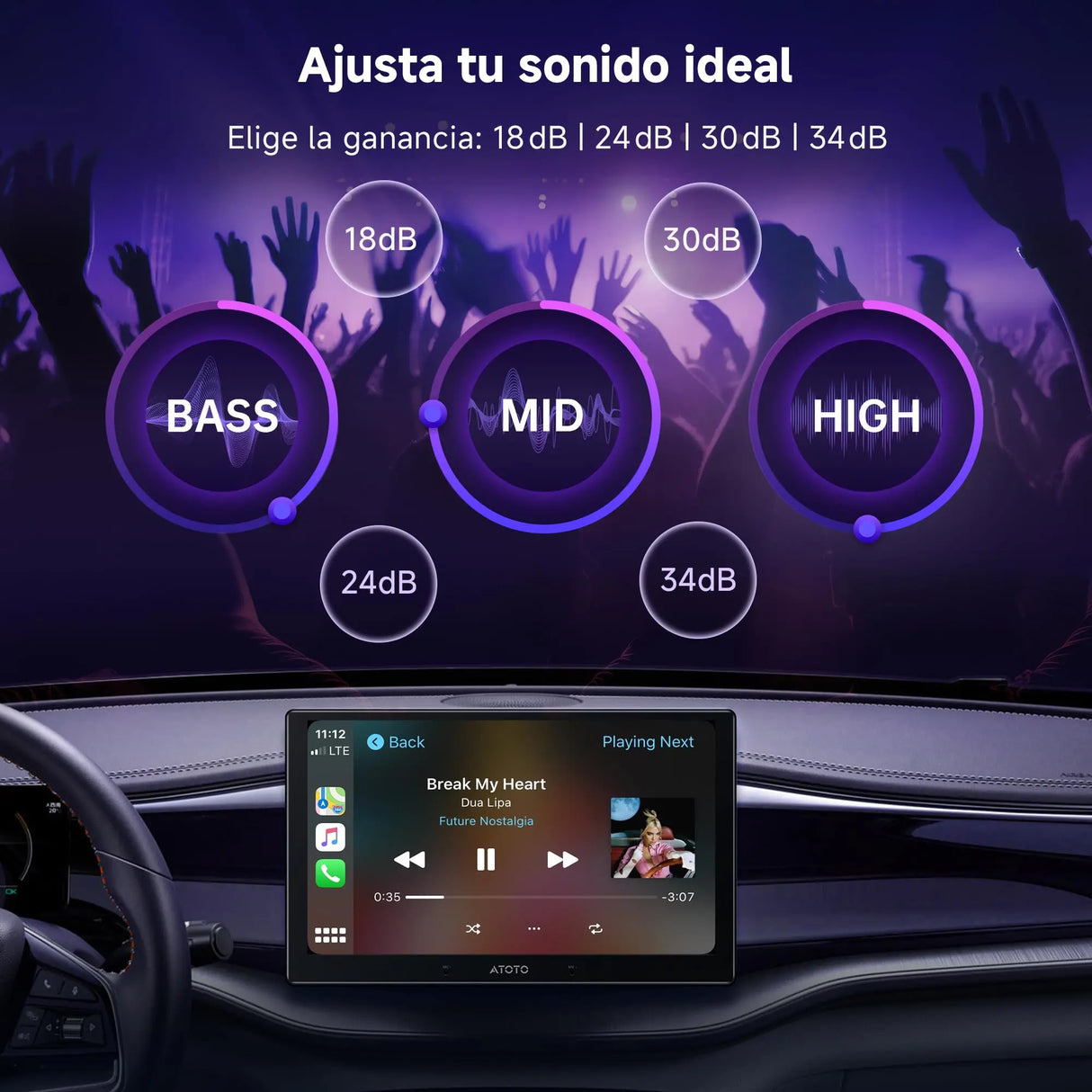 ATOTO CA-AEC122DL Amplificador de Auto Compacto 4x60W RMS, 4 Canales, Clase D TI TPA3221, EQ Personalizable, Cable de Alimentación 2m, Compatible con Estéreos ATOTO