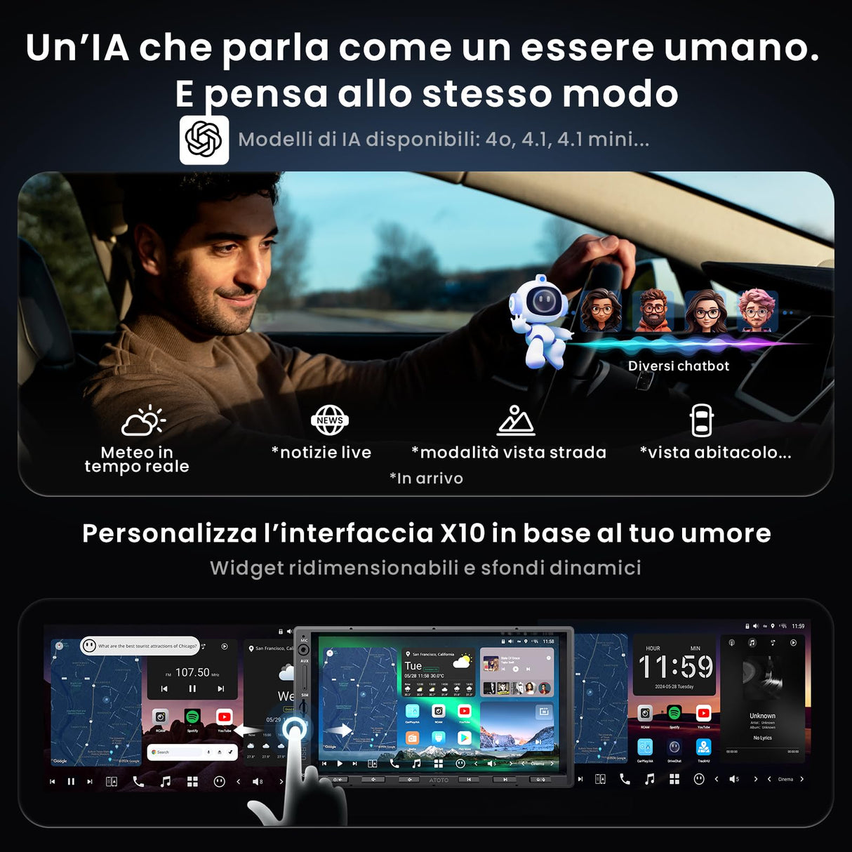 ATOTOZONE X10G2A7E Pulsante Android Da 7 Pollici Con Navigazione Integrata,8+128G Stereo Auto Double DIN, ChatGPT AI, 4G LTE, CarPlay & Android Auto Senza Fili, Doppio Telefono & Bluetooth