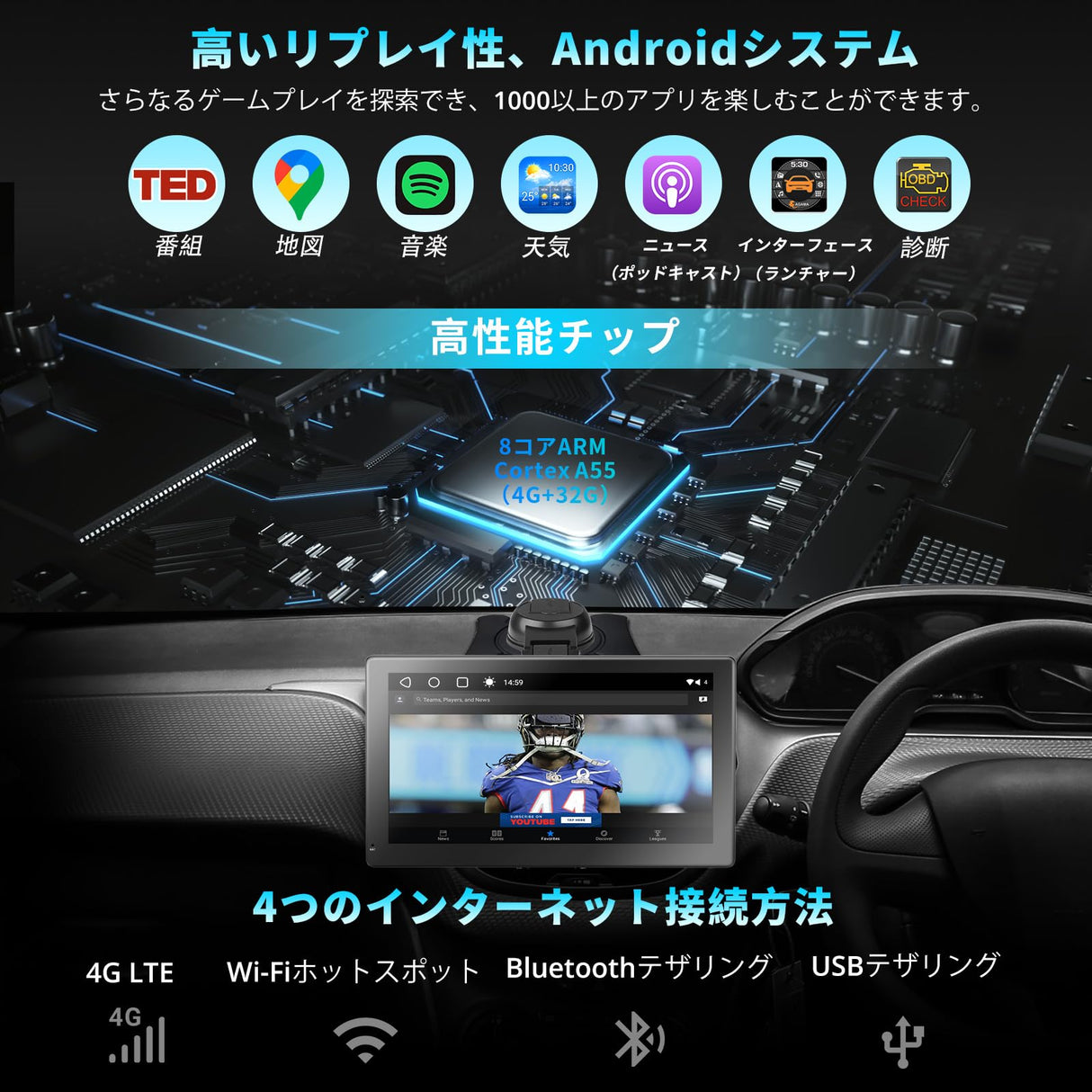 ATOTO P9 9インチポータブルナビ リアカメラ付き、4G LTE対応、ワイヤレスAndroid Auto/CarPlay、4G+32G、1280×720 QLEDディスプレイ、Bluetooth、GPS、HDMI、4音声出力