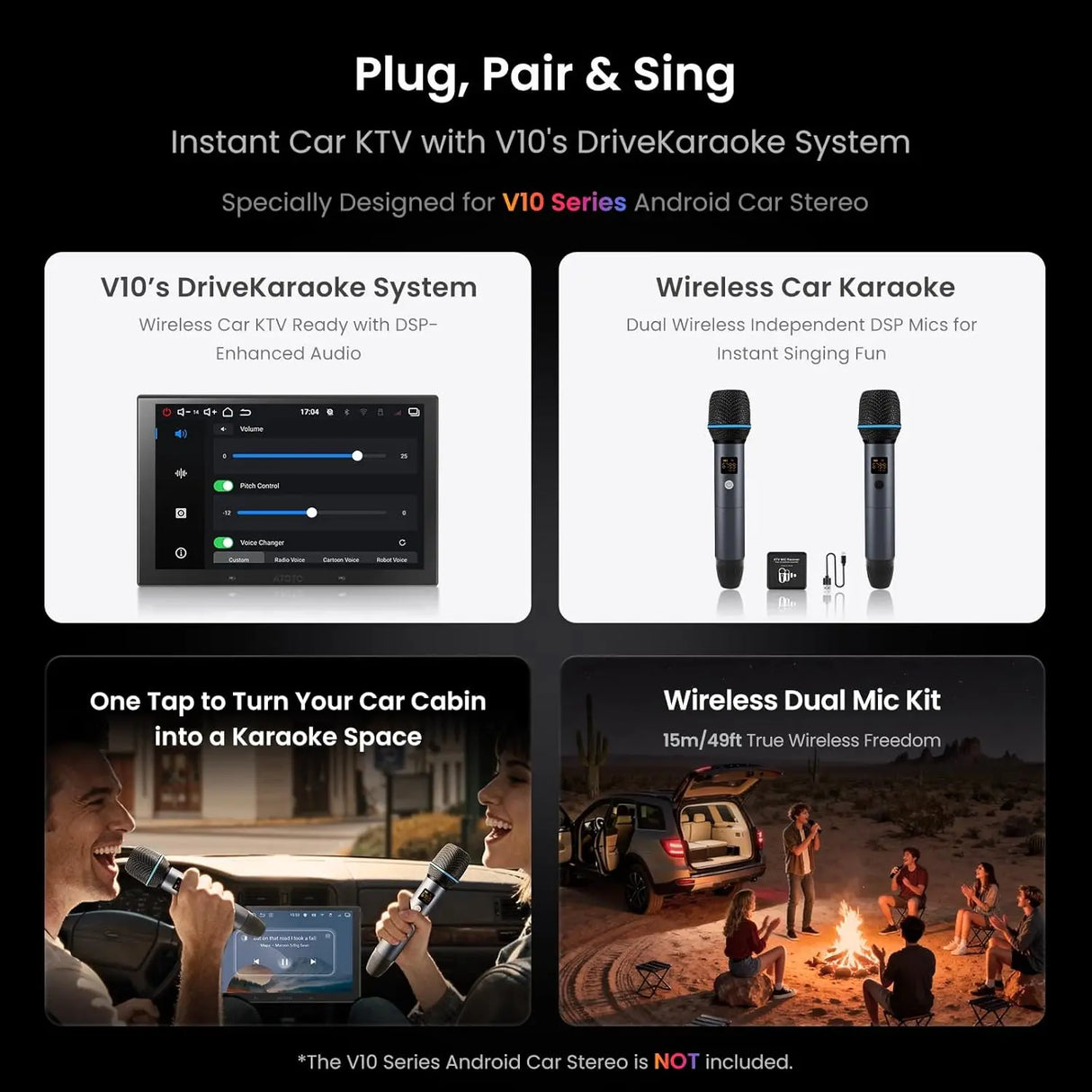 ATOTO AC-MICW2 Wireless Karaoke Microphone Kit – Dual Handheld Rechargeable Mics with Receiver, Low Latency, 49ft Range, 6H Playtime, Compatible with V10 Car Stereo