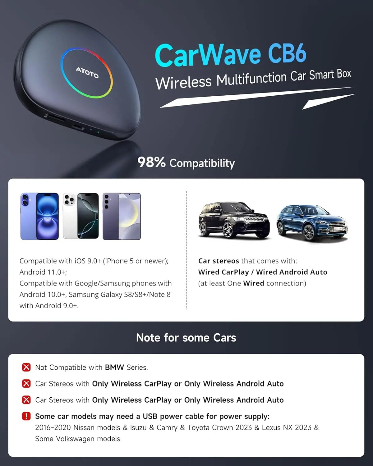 ATOTO CB6C CarWave AI Box Wireless CarPlay Adapter with GPS Tracking, Android 13, Android Auto Support, 4G LTE, AI Voice, 4GB+64GB Storage – Smart Car Dongle, Black