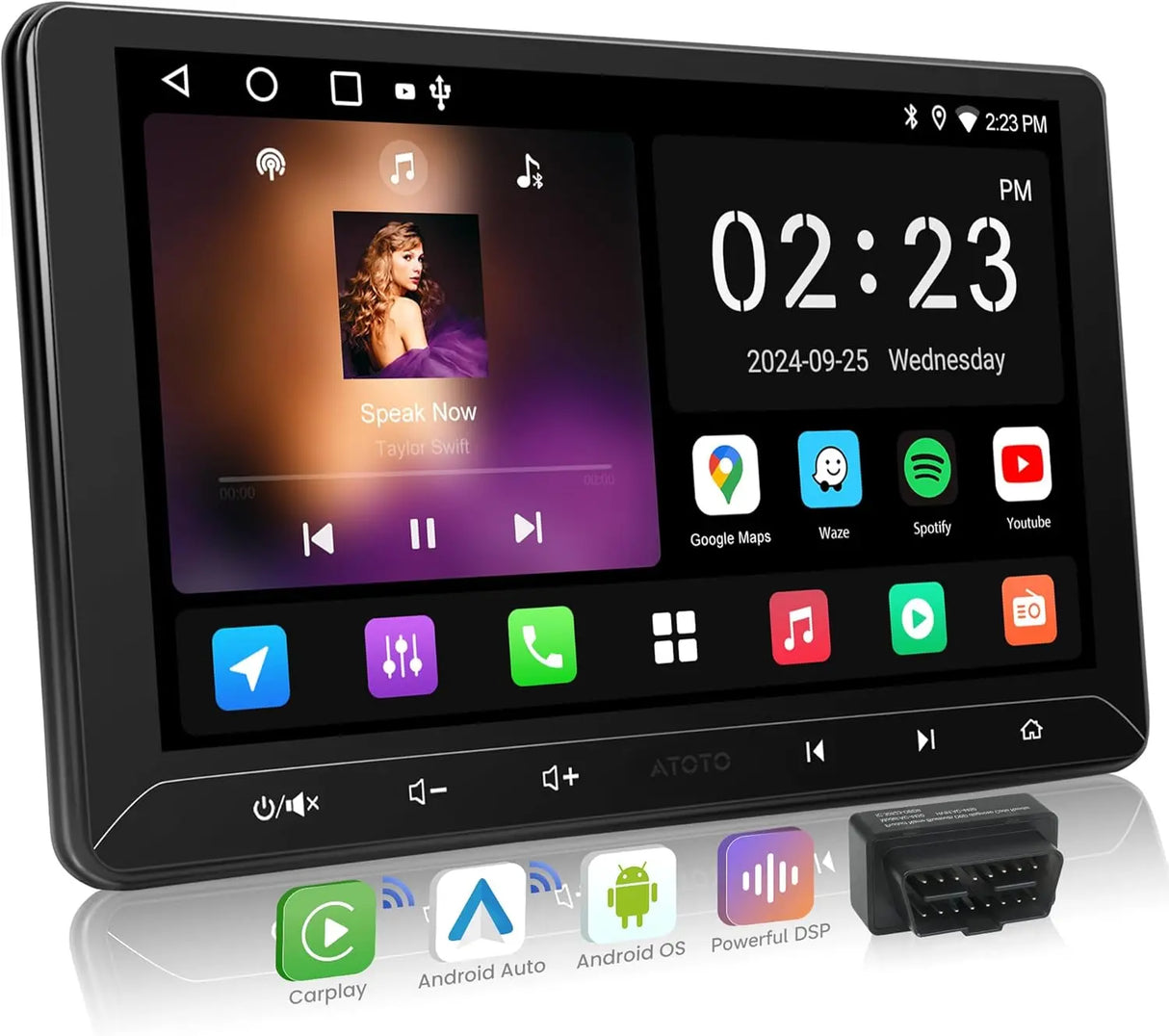 ATOTO A5LG211T 10.1" 2 Din Bluetooth Vehicle Radio with Wireless CarPlay & Android Auto, OBD2 Scanner, IPS Touchscreen, GPS Navigation, 24-Band EQ DSP, WiFi/BT/USB, 2G+32G, FM/AM