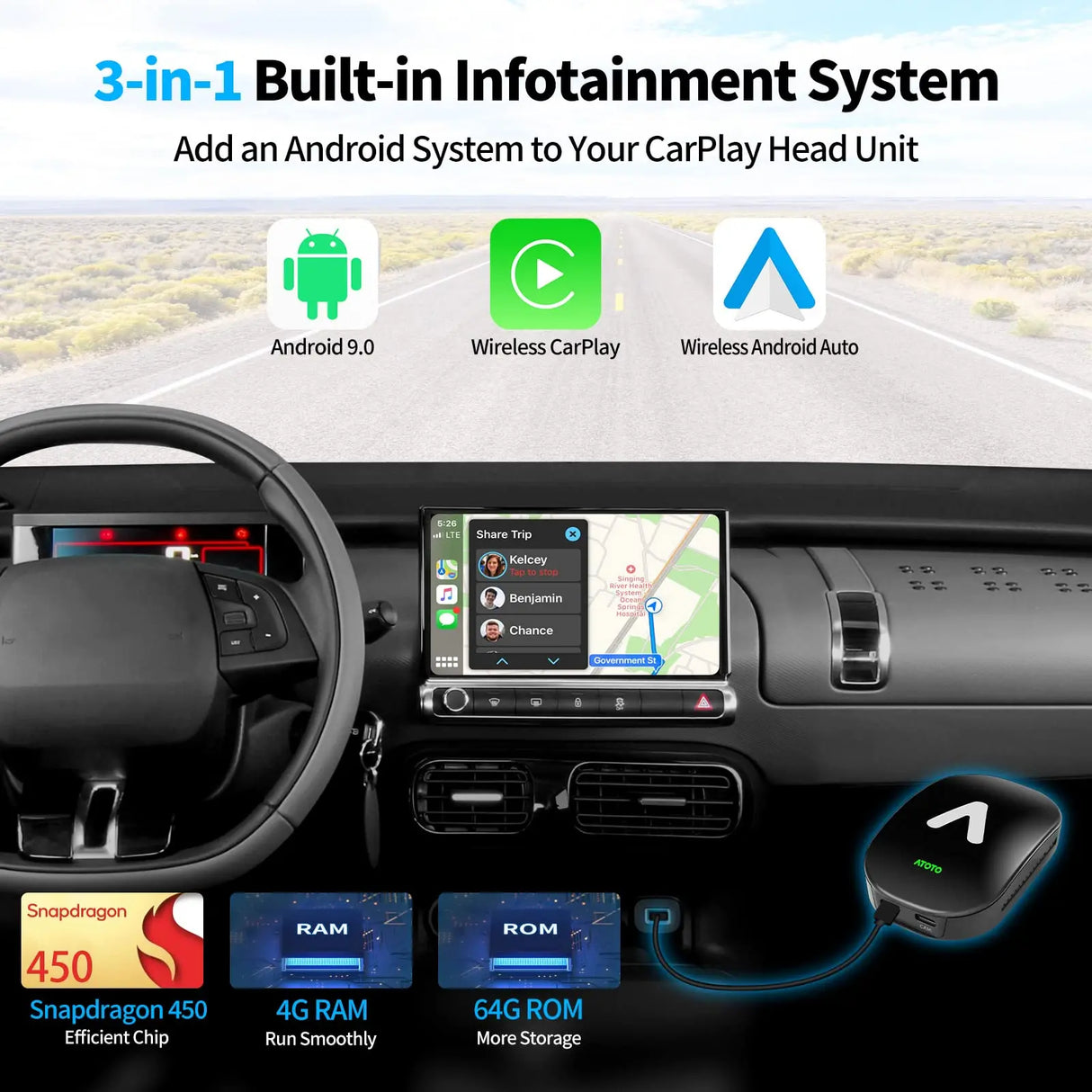 ATOTO AD6 inalámbrico Android Auto Adaptador, con Cable a Android Auto inalámbrico para Radio de fábrica o posventa, Compatible con VW/Ram Pick-up/Subaru/Benz/Audi, actualización en línea