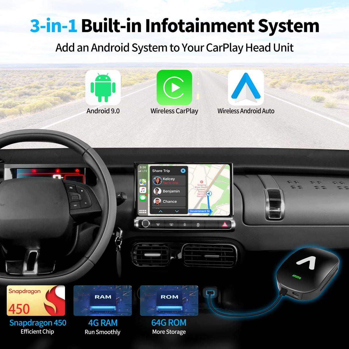 ATOTO AD6 Android Auto sans Fil Adaptateur, Convertit Filaire en sans Fil Android Auto pour Radio d'usine ou de Rechange, Compatible avec VW/Ram Pick-up/Subaru/Benz/Audi, Mise à Jour en Ligne