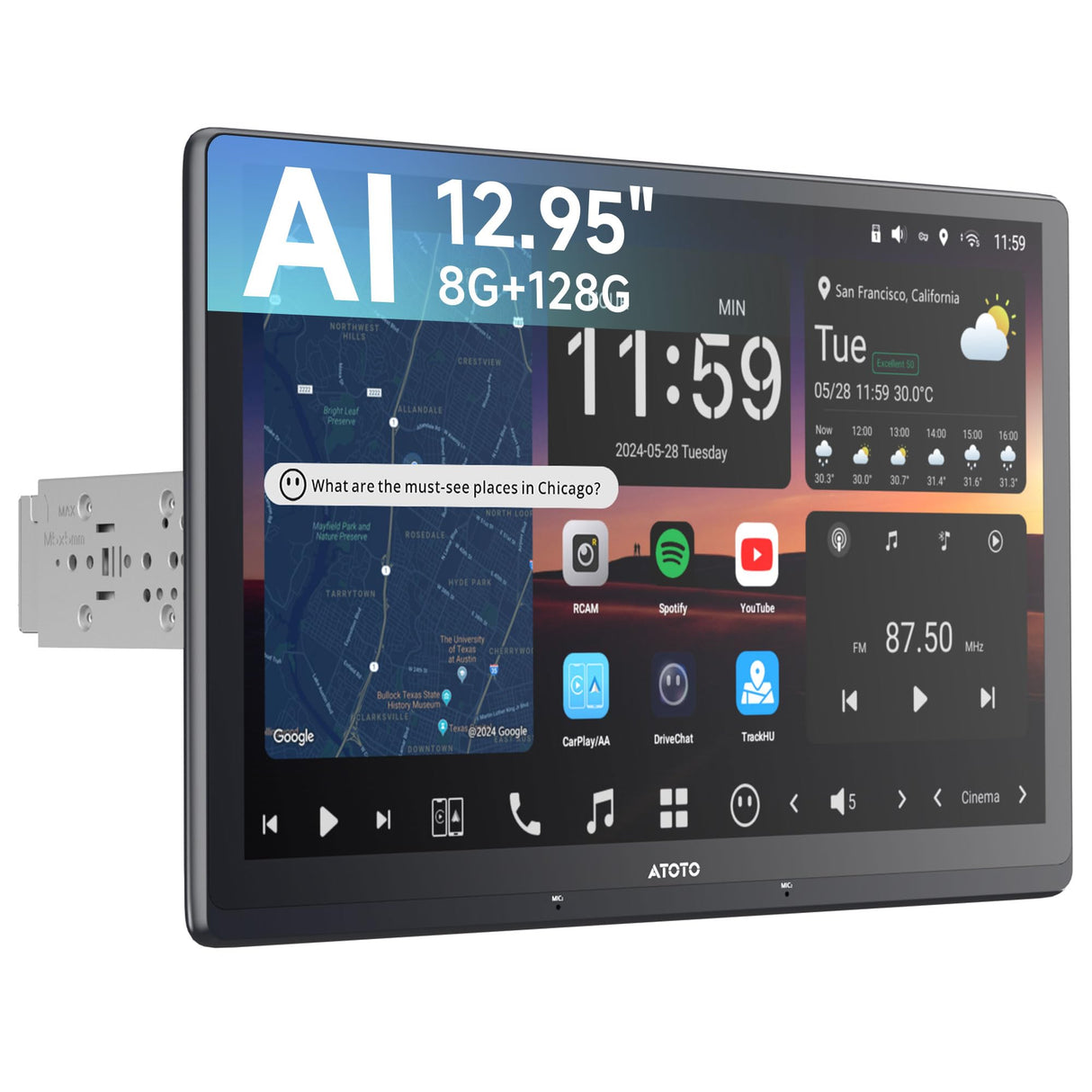 ATOTO X10G129E 12,9" Radio 1 DIN con Pantalla Flotante QLED, 8+128GB, 4G LTE, CarPlay y Android Auto Inalámbricos, Doble Teléfono, Doble Bluetooth, 36B-EQ, SCVC y Asistente de Voz AI