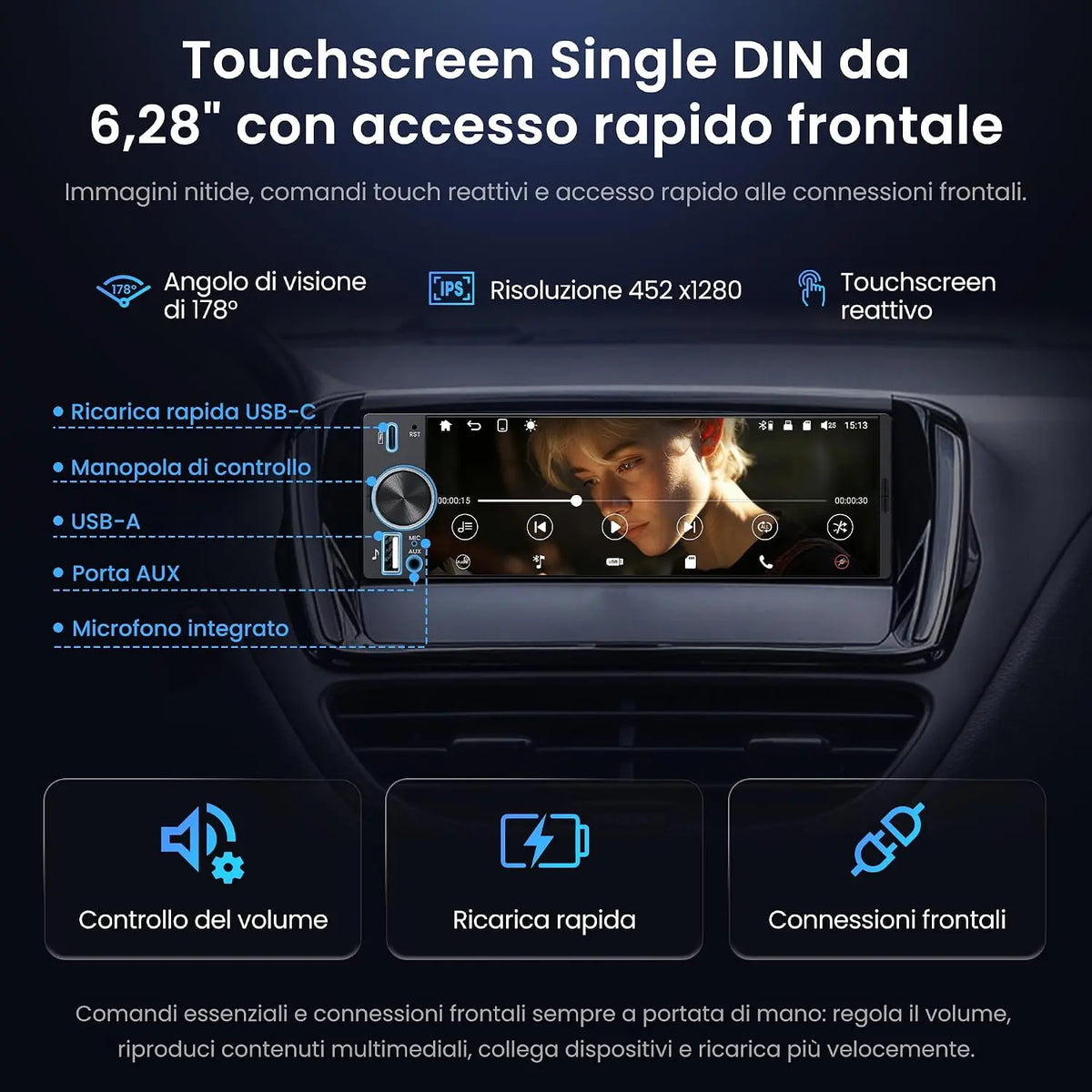 ATOTO F7G1A6WE-S01 Autoradio 1 DIN 6,28" Touchscreen, CarPlay e Android Auto Wireless, Bluetooth, Schermo Integrato, F7WE Gen2