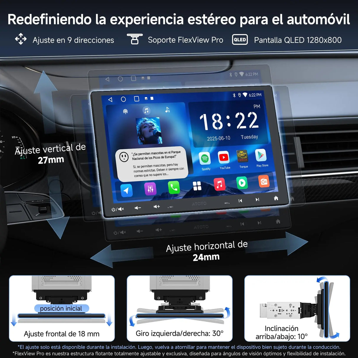ATOTO A5LG110T Radio 1 DIN/2 DIN Android 10" con pantalla flotante, cámara trasera, CarPlay y Android Auto inalámbricos, tethering WiFi/BT/USB, MirrorLink, DSP, FM/RDS, 2G+32G