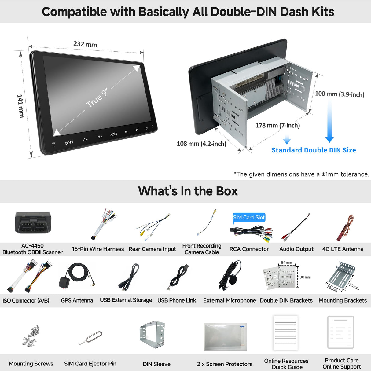 ATOTO S8G2094MS 9" Autoradio 2 Din Android con Scanner OBD, CarPlay e Android Auto senza fili, QLED Touchscreen, 4G LTE integrato, 8-Core 4G+32G, WiFi/BT/USB Tethering