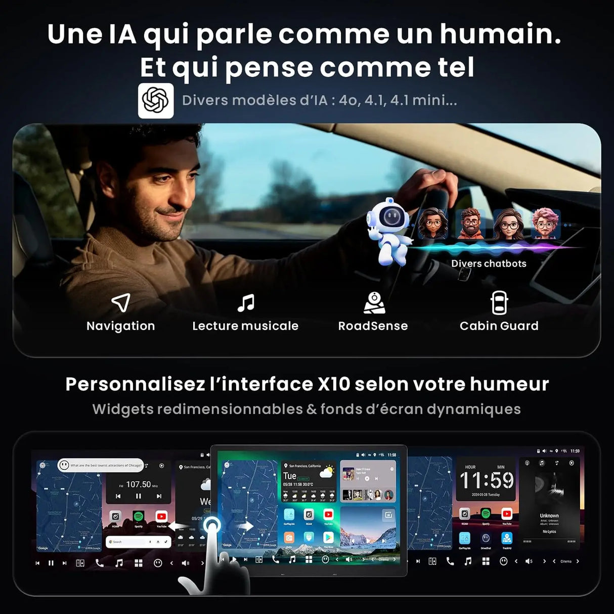 ATOTO X10G129E 12,9" Autoradio 1 DIN avec écran flottant QLED, CarPlay & Android Auto sans fil, 8+128 Go, 4G LTE, Connexion Dual Téléphone, Double Bluetooth, GPS Tracking et Assistant Vocal AI