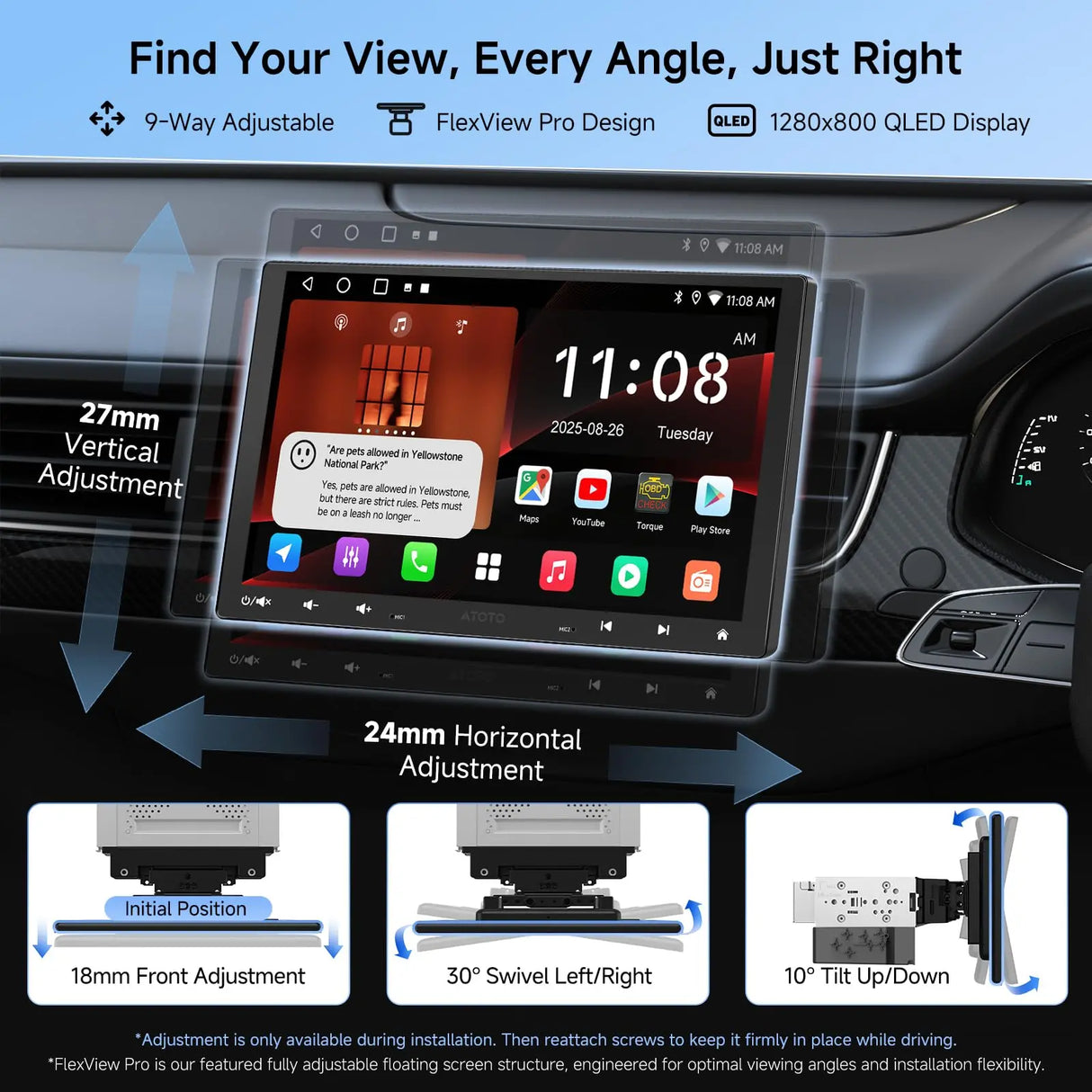 ATOTO A5LG110T 10.1" QLED Android Single & Double Din Car Stereo with Dash Cam, Wireless CarPlay & Android Auto, 2G+32G, Floating QLED Touchscreen, 1080P DVR Recording Camera, WiFi/Bluetooth