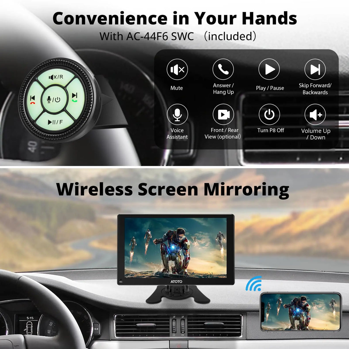 ATOTO P8 Portable Car Stereo, Wireless CarPlay & Wireless Android Auto, 7inch QLED Glare-Suppressing Touchscreen, WDR&Auto Dimmer, Bluetooth, Remote Control, AUX/FM Output, P807SD-RM