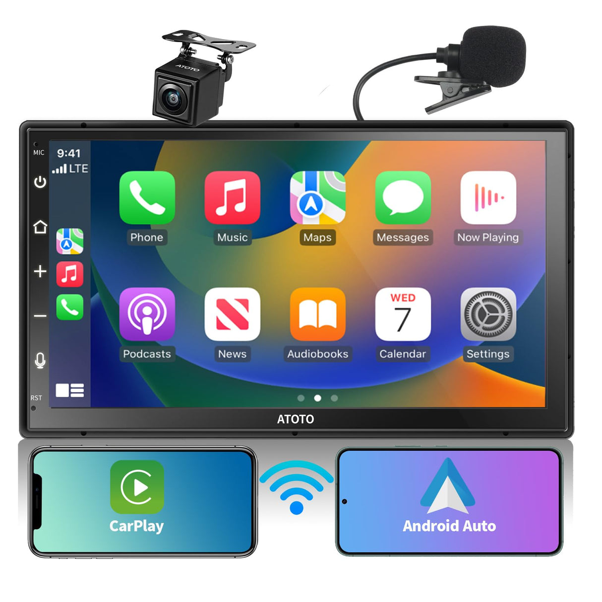 ATOTO F7G2B7WE 7" Double Din Car Stereo, HD LRV Camera, Full Touchscreen, Wireless CarPlay and Android Auto, Bluetooth 5.3, GPS, FM/AM/AUX, 4.1 Channel Audio Out, Screen Mirroring