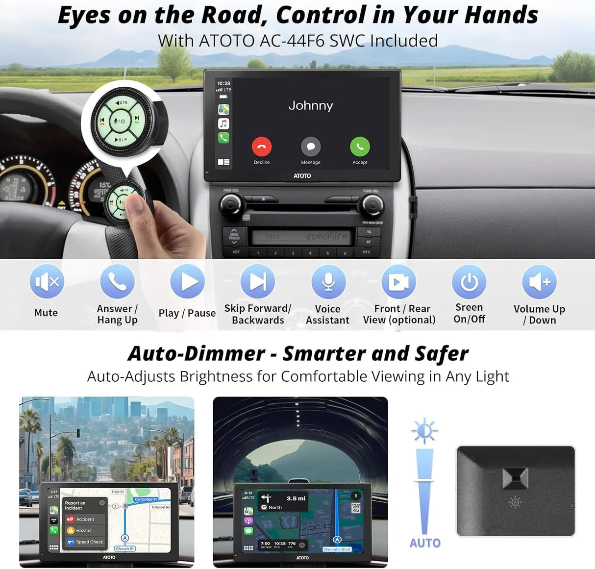 ATOTO P5 9 Pollici Tragbares Autoradio, CarPlay Wireless Android Auto Senza Fili, Touchscreen QLED Antiriflesso, MirrorLink, Bluetooth, AUX/FM-Empfänger, GPS-Navigation, Sprachsteuerung, P509SD-S01