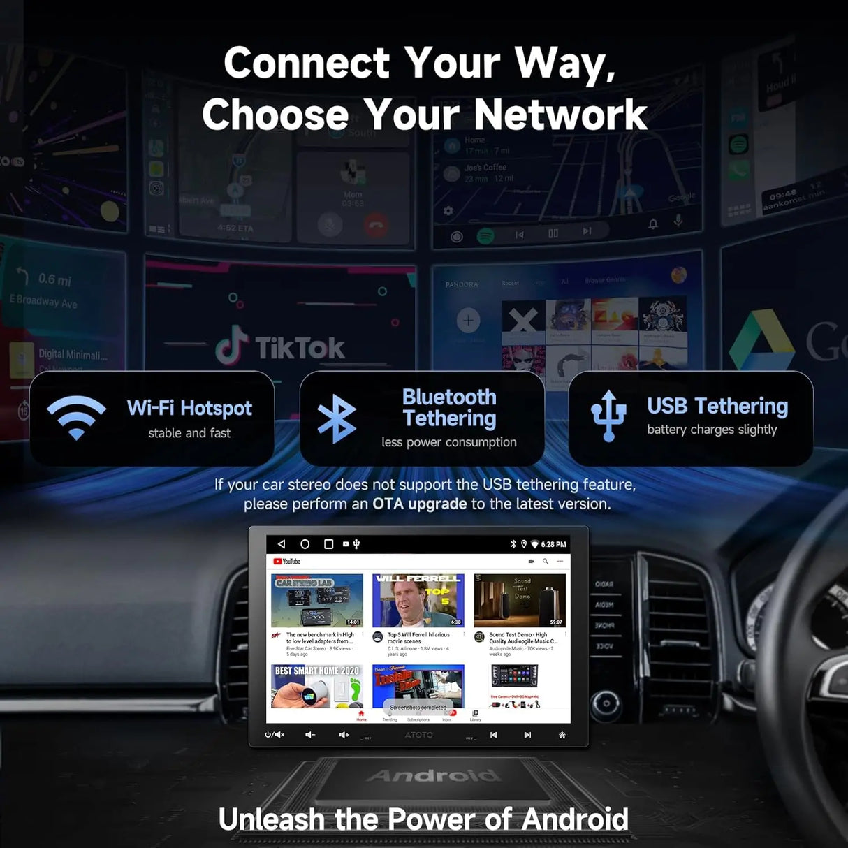 ATOTO A5LG110T 10" Android Double Din & Single Din Adaptive Car Stereo, Backup Camera, Floating QLED Screen Radio with Wireless CarPlay & Android Auto, WiFi/BT/USB Tethering, HD LRV, 2G+32G, DSP/FM