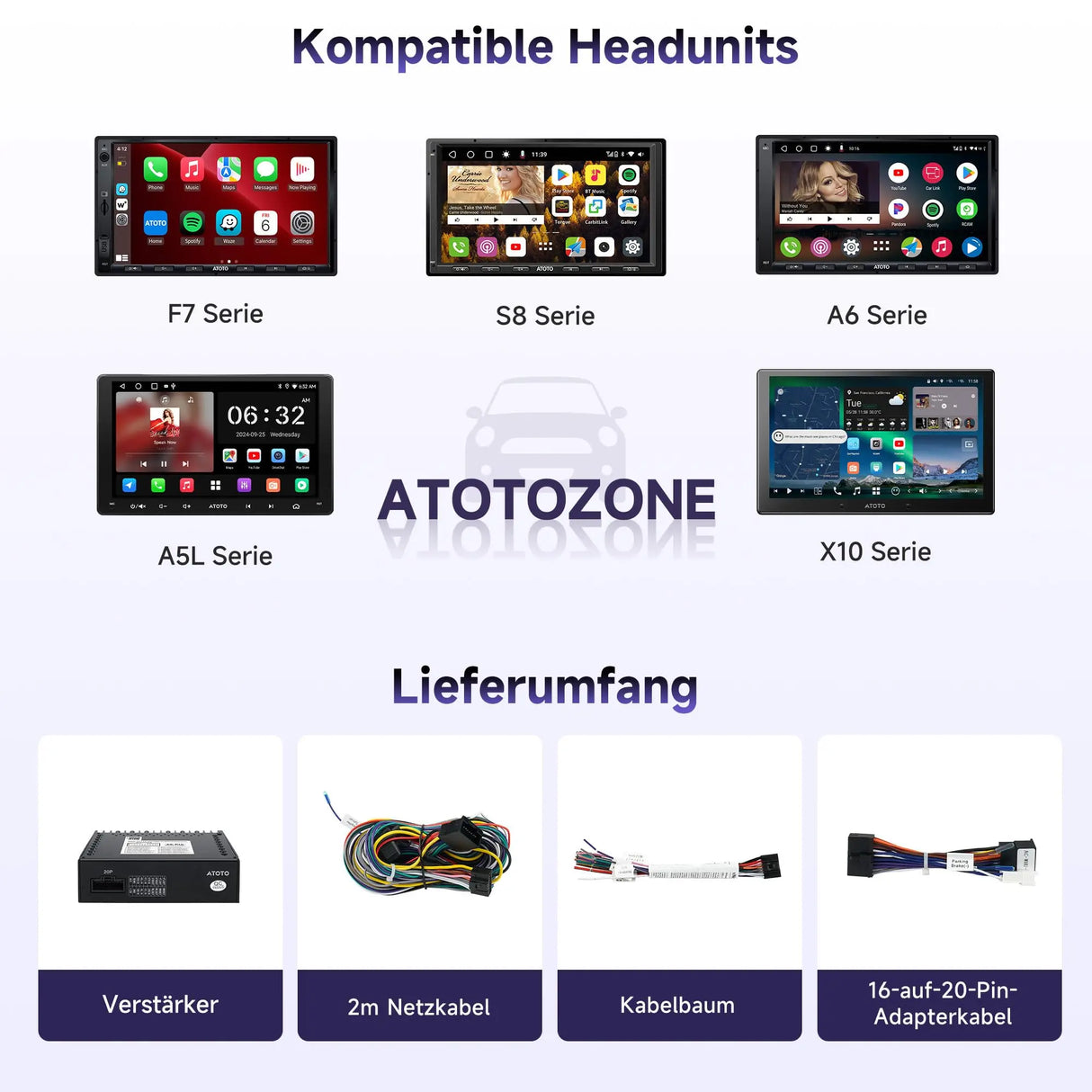 ATOTO CA-AEC122DL Kompakter 4-Kanal Auto-Verstärker, RMS 4x60W, Klasse D TI TPA3221, 2m Stromkabel, Anpassbarer EQ, Kompatibel mit ATOTO Autoradios