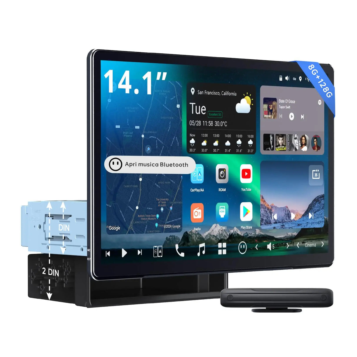 ATOTO X10G141E 14.1" QLED Android 1 & 2 DIN Car Stereo, 8GB+128GB, Flexview Screen, 7.1.2 CH Audio, Wireless CarPlay & Android Auto, 4G LTE, Dual-Band Wi-Fi, 36-B EQ, HDMI IN