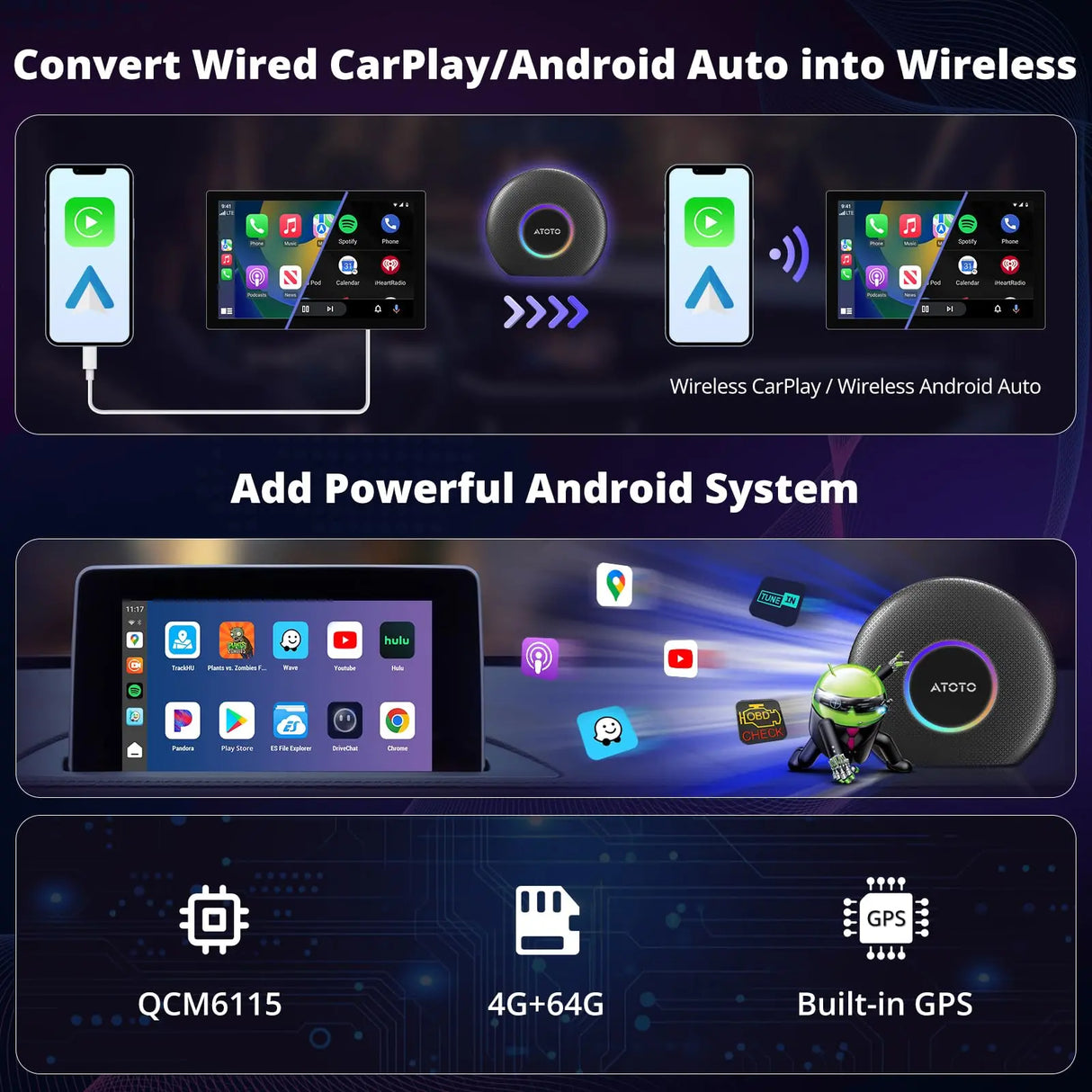ATOTO CB6 Dongle WIFI CarPlay Cableado a Inalámbrico/Android Auto, Caja AI con Voz Inteligente, GPS, Bluetooth, 4GB+64GB, Compatible con numerosas apps