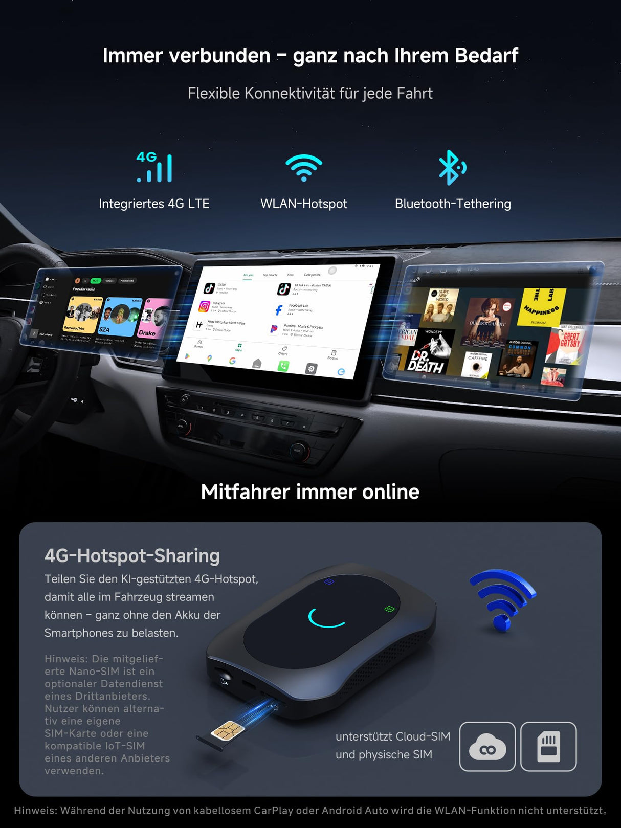 ATOTO CB7SBX Adaptateur CarPlay sans fil Android Auto AI Box, HDMI In/Out, Android 4Go+64Go, 4G LTE, Double Bluetooth, DriveChat AI, Netflix YouTube TikTok
