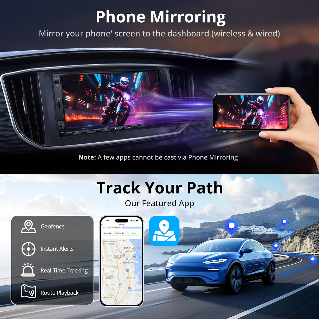 ATOTO A5LG2A7T 7" Double Din Car Stereo, Android, Wireless CarPlay & Android Auto, Bluetooth, GPS Tracking, 2G+32G, Wi-Fi/BT/USB Tethering, 24-Band EQ, FM/AM, TF Card