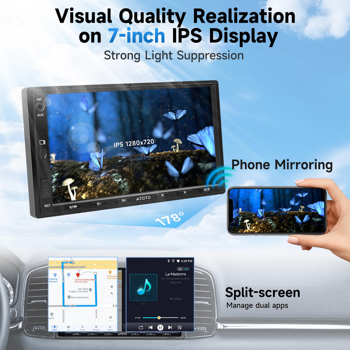 ATOTOZONE A5L 2+32G Radio 2 DIN Android, CarPlay & Android Auto Inalámbrico, 7" Radio Coche Bluetooth con Pantalla Táctil, Conexión a Internet WiFi/BT/USB, MirrorLink, 24B-EQ DSP/FM/RDS/GPS/AUX/SWC