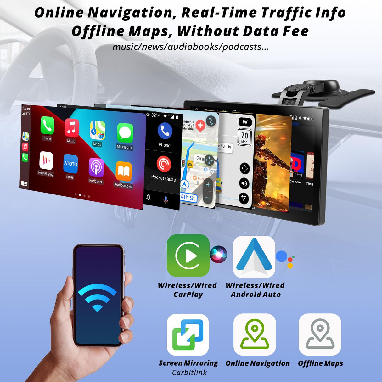 ATOTO 9" Sat Nav with 1080P Dashcam & Backup Camera, QLED Touchscreen, Wireless CarPlay & Android Auto, 4+32G, 4G LTE, GPS Navigation, WiFi, Dual Bluetooth, USB & Steering Wheel Control