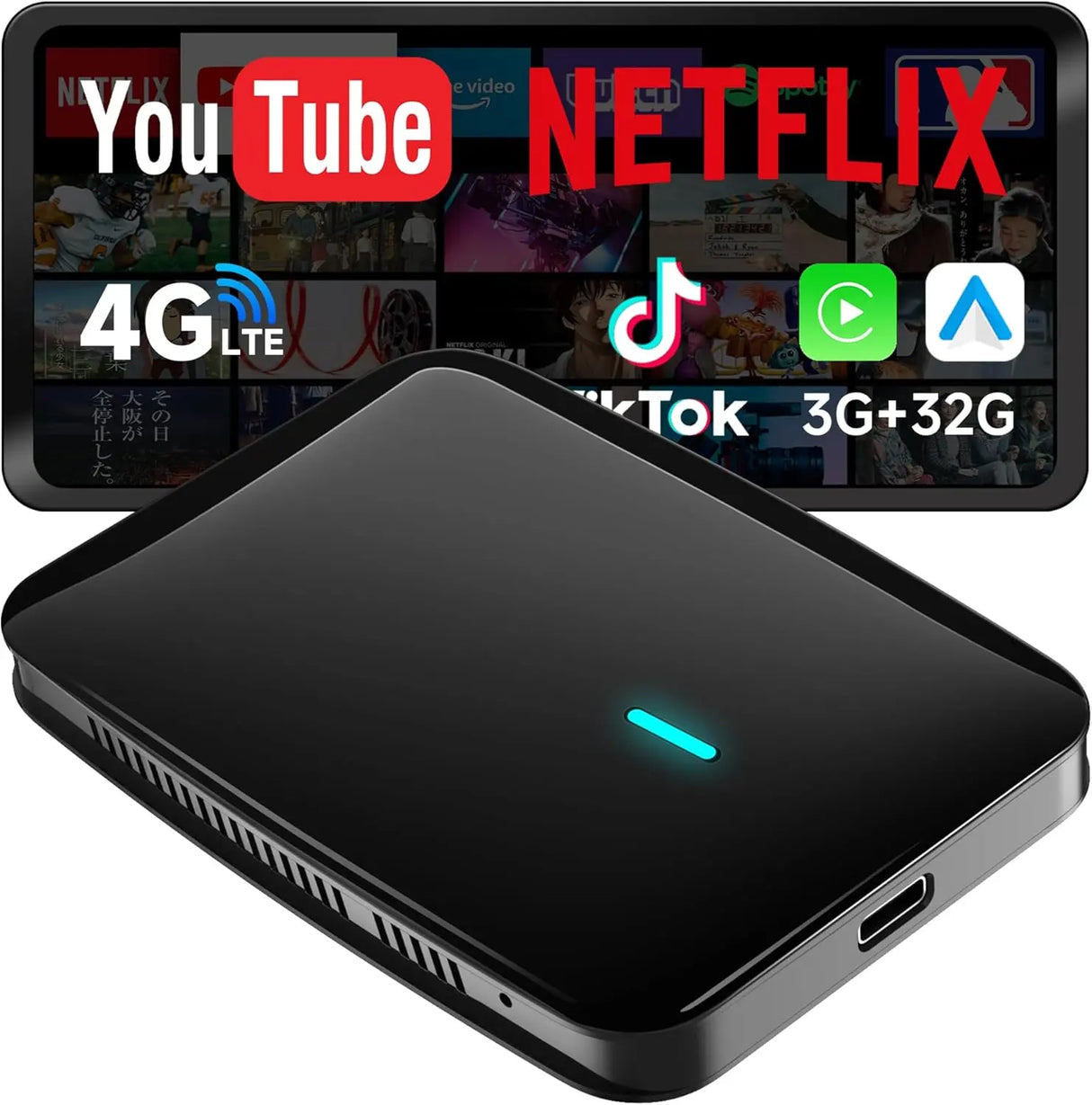CarPlay AIボックス、Netflix/YouTube/TFカード対応 ワイヤレスCarPlayアダプター、4G LTE内蔵 ワイヤレスAndroid Autoアダプター、3GB+32GB フルAndroid搭載 AIボックスCarPlay、AIスキル搭載DriveChat、デュアルWi-Fi/Bluetooth、プラグ&プレイ 純正有線CarPlay対応車に適合