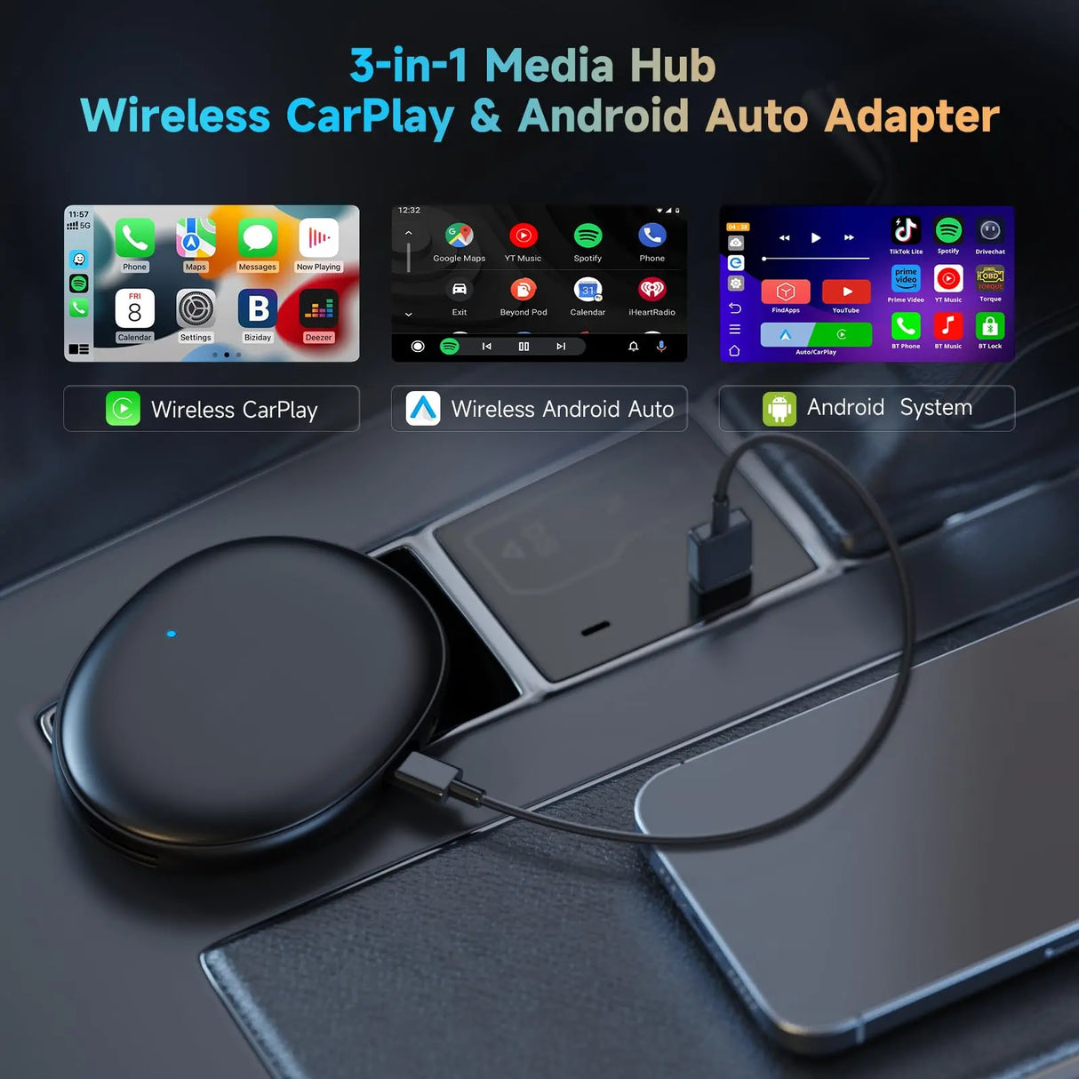 ATOTOZONE AD5 Draadloze CarPlay/Android Auto アダプター、ChatGPT 対応 AI ドングル、Eenvoudige インストール、デュアル WiFi バージョンバインディング、Ondersteunt 256 GB geheugenkaart、メディアストリーミング