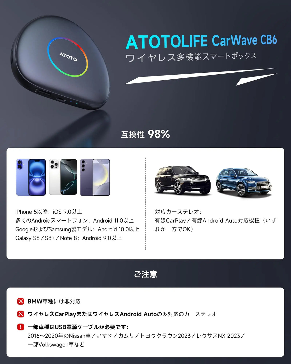 ATOTO CB6C ワイヤレスコントローラー、2025年Android 13アップグレード、CarPlay AIボックス、Android Autoアダプター、GPSトラッキング、AI DriveChat、4G LTE、2 BT、4G+64G、プラグ&プレイ、ディープブラック