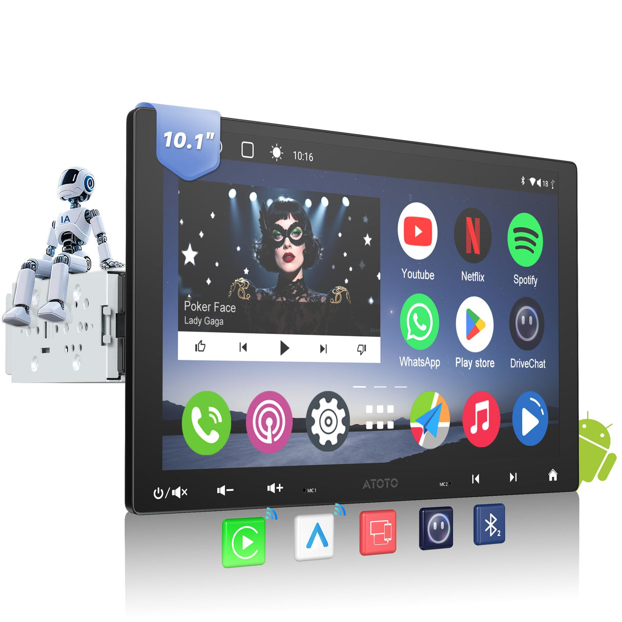 ATOTO A6G110PF 10.1" 8-Core Android Single & Double Din Car Audio, Wireless CarPlay & Android Auto, Floating QLED Touchscreen, ChatGPT, GPS Tracker, 2+32G, Dual Bluetooth, WiFi/BT/USB