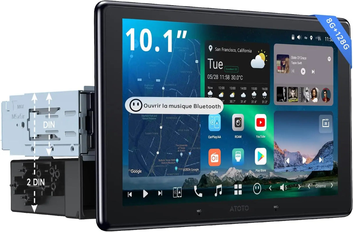 ATOTOZONE 10" QLED AI Android Autoradio 1 din,écran Flottant Voiture, Navi in-Dash,8G+128G,4G LTE,CarPlay & Android Auto sans Fil, Connexion Dual Téléphone & 2 Bluetooth, GPS-Tracking,X10G110E