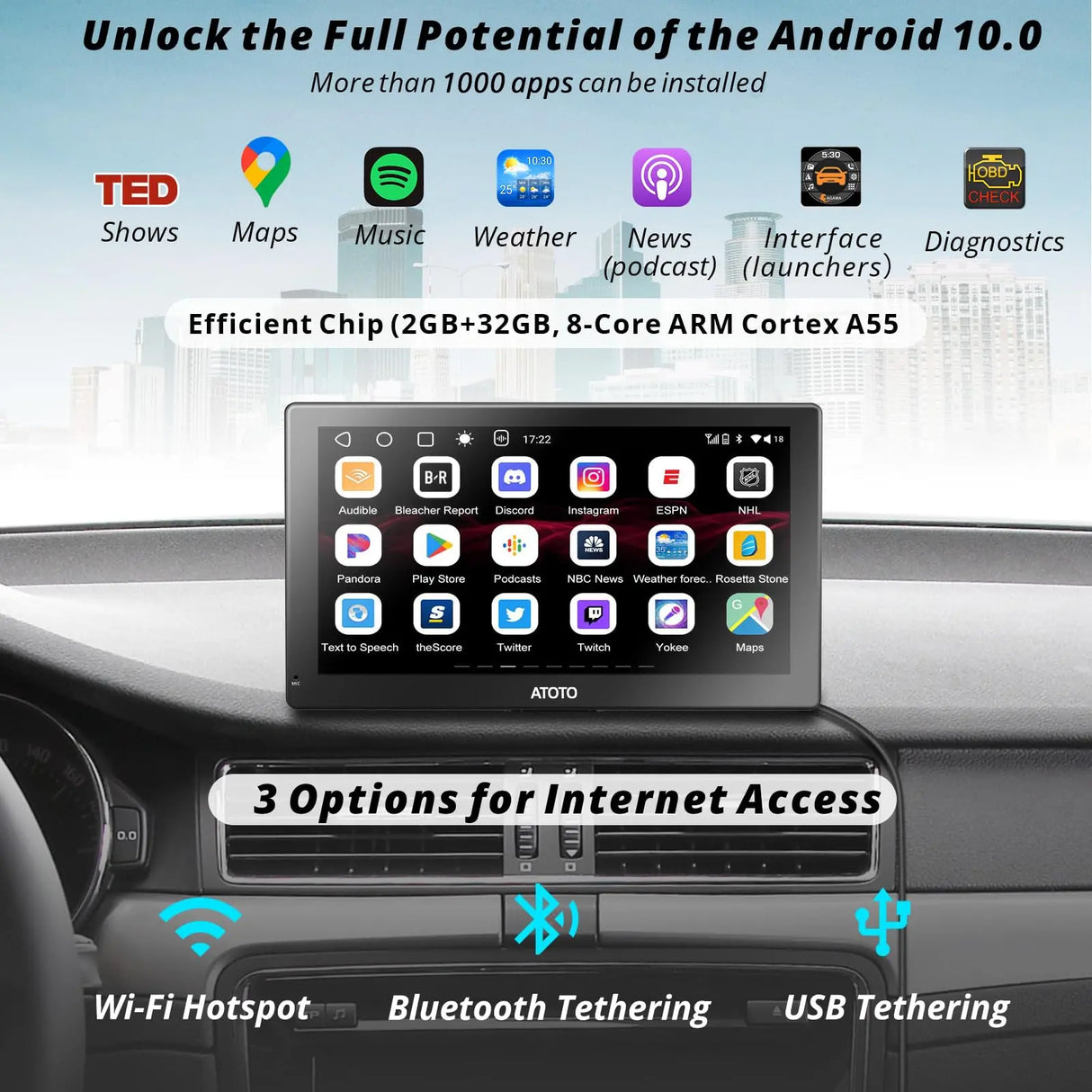 ATOTO GPS para coche portátil 9" QLED, 2+32GB, CarPlay inalámbrico y Android Auto, Wi-Fi hotspot, Bluetooth dual, USB, entrada HDMI, 4 salidas de audio, seguimiento GPS