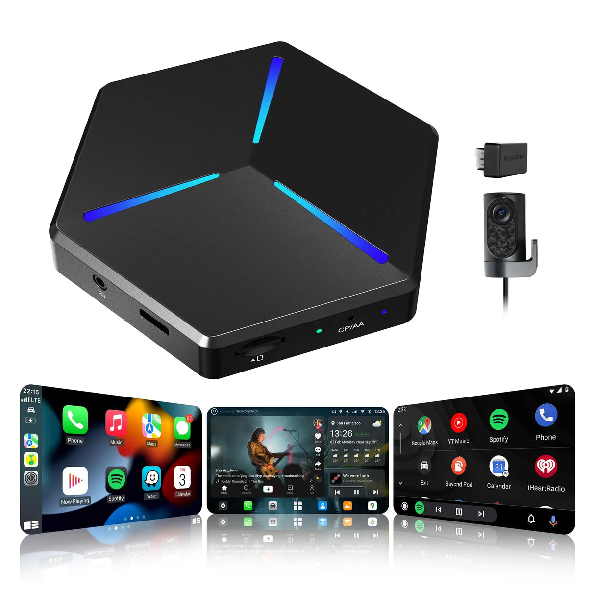 ATOTO CB7PO CarPlay AI Box con Dash Cam DVR e Diagnostica OBD2, Sistema Android Completo, CarPlay e Android Auto Wireless, DriveChat AI, Tracciamento GPS, HDMI, OTA, 8GB+128GB