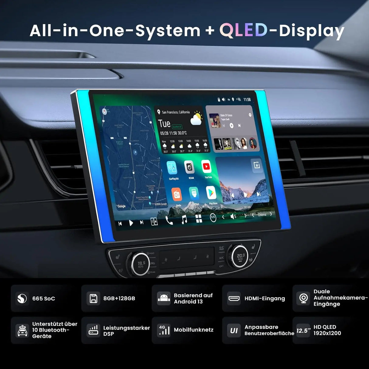 ATOTO X10G225E 12.5" QLED Android Doppel Din Radio, 8G+128G, 4G LTE, KI-Sprachassistent, Kabelloses CarPlay & Android Auto, Duales Mikrofon & BT, LRV, 36B-EQ, HDMI-Eingang