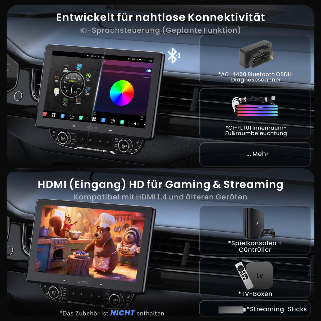 ATOTOZONE 10" QLED AI Android Autoradio 1 DIN, Floating Screen Auto, 8G+128G In-Dash Navigation, 4G LTE, Kabelloses CarPlay & Android Auto, Dual-Phone & 2 Bluetooth, SCVC, GPS-Tracking, X10G110E