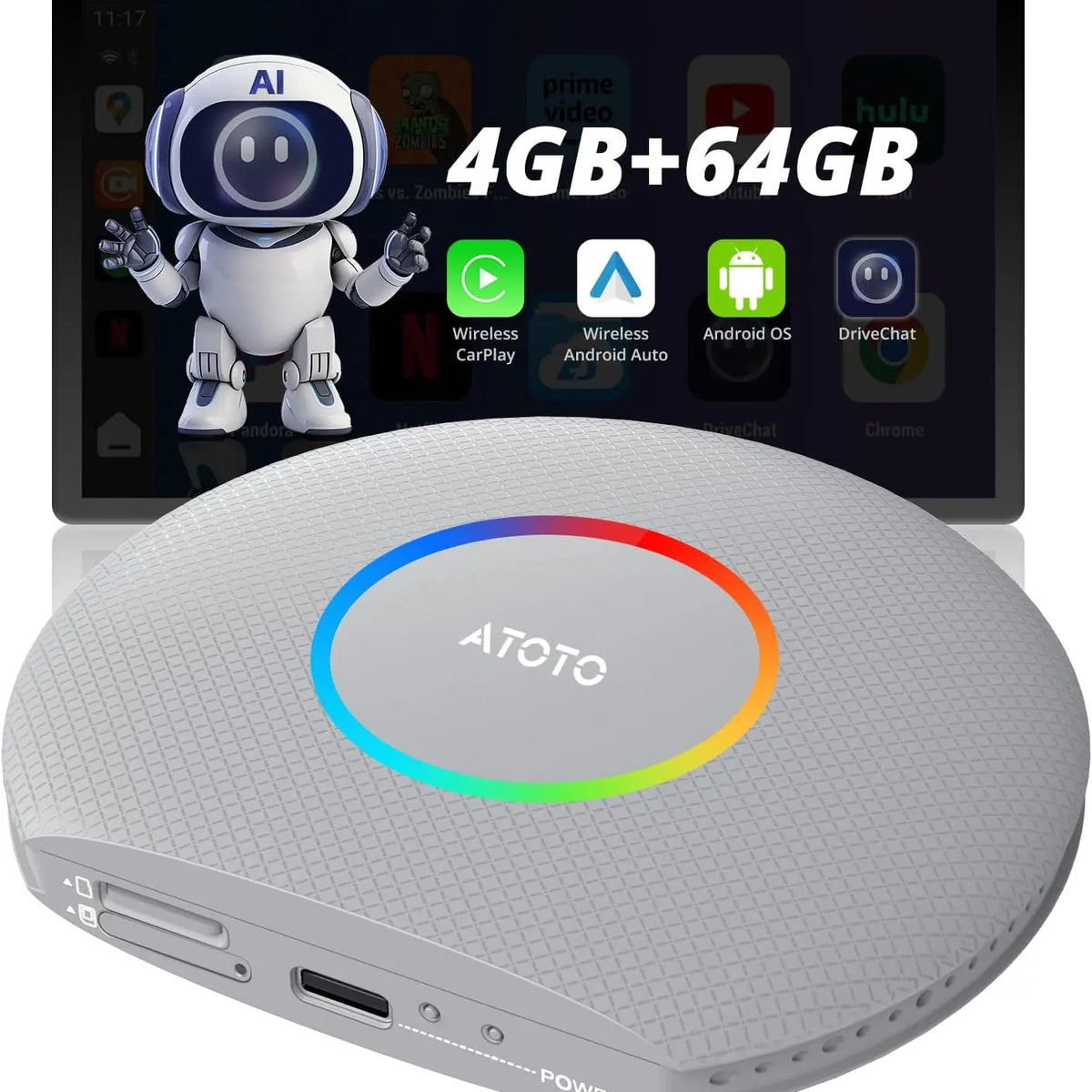 ATOTO CB6 Wireless CarPlay Adapter, 8+128GB, Dual BT, GPS, AI Voice