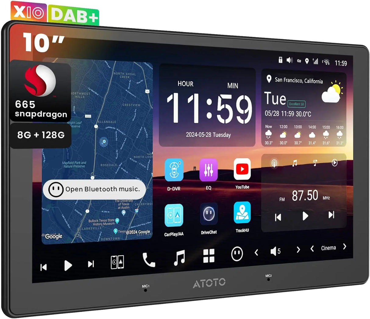ATOTO X10DG2B7E Radio 2 DIN Android 7" QLED DAB, 8GB+128GB, CarPlay y Android Auto Inalámbricos, 4G LTE, Asistente de Voz AI, GPS, Micrófono Dual, Bluetooth, LRV, 36B-EQ, Entrada HDMI
