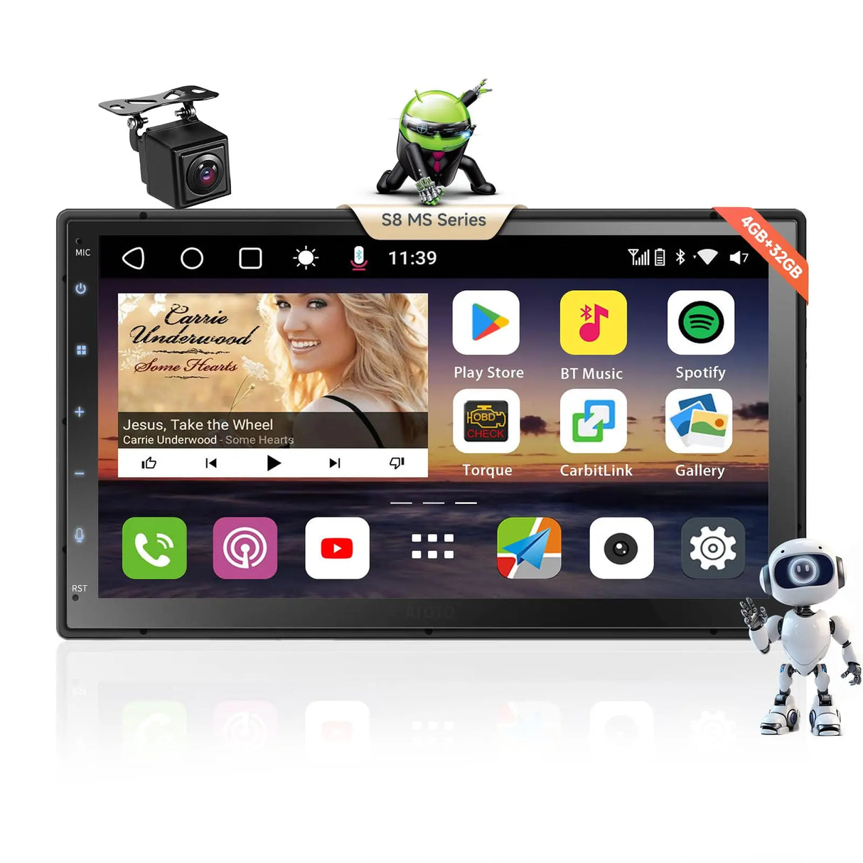 ATOTO S8G2C74MS 7" 8-Core Android Double Din Car Stereo, Wireless CarPlay & Android Auto, QLED Fully Laminated Touchscreen, Built-in 4G LTE, Backup Camera, HD LRV, WiFi/BT/USB, 4G+32G